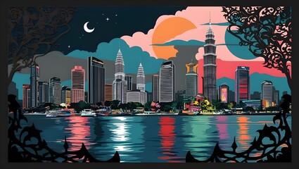 realistic digital painting in nighlife city, papercut art with blending color