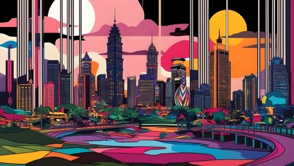realistic digital painting in nighlife city, papercut art with blending color