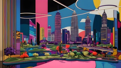 realistic digital painting in nighlife city, papercut art with blending color