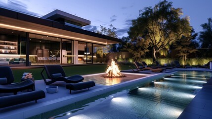 Modern luxury poolside bonfire party with sleek black pool chairs, a cozy lawn area, and ambient lighting for a serene evening.