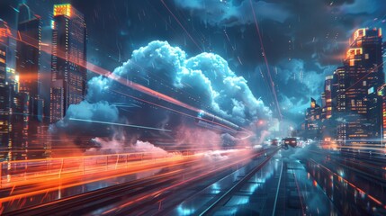 cloud computing with a speeding train on a city background