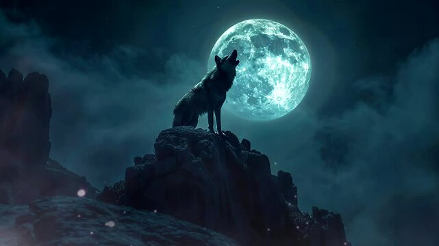 Moonlit Majesty: A Majestic Wolf's Primal Roar Echoes Through the Rocky Mountain Landscape. Seamless looping time-lapse virtual 4k video animation background