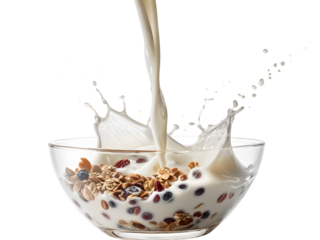Pouring milk and falling muesli over a transparent bowl. Isolated on transparent . Healthy breakfast
