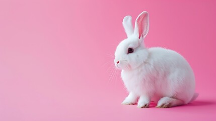 Obraz premium White toy rabbit on isolated pink background with copy space