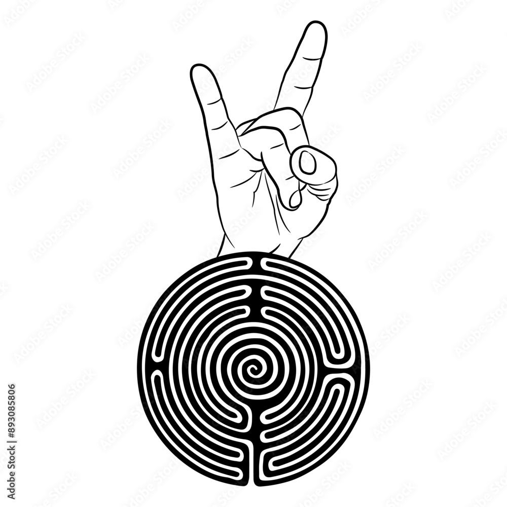 Wall mural human hand in horn gesture emerging from a round spiral maze or labyrinth symbol. minotaur or theseu