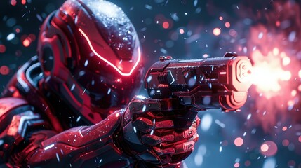 A futuristic soldier fires a weapon. AI.
