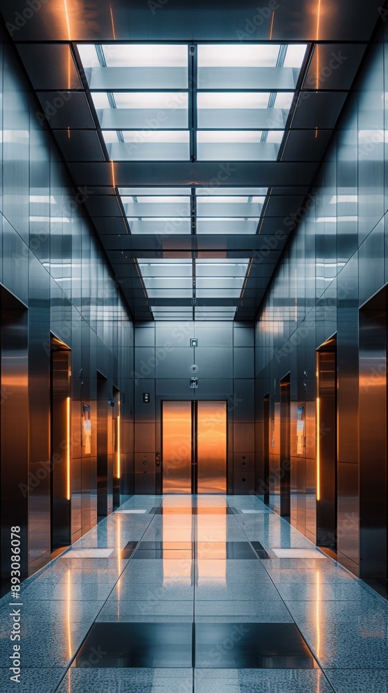 Sticker A hallway with multiple elevators and a glass ceiling. AI.