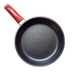 A black frying pan with a red handle top view on transparent background