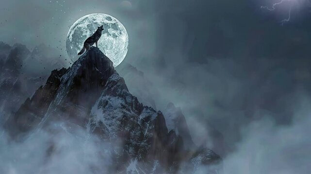 Moonlit Sonata: Witnessing the Primal Essence of a Wolf's Roar in the Captivating Backdrop of a Rocky Mountain at Dusk. Seamless looping time-lapse virtual 4k video animation background