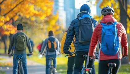Fototapeta premium People riding bicycles through a park. AI.