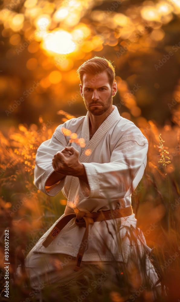 Poster a man in a white karate uniform practices in a field at sunset. ai.