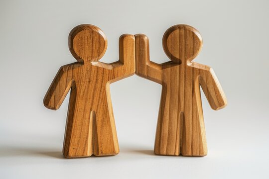Wooden Figures High-Fiving Symbolizing Teamwork, Unity, and Friendship on a Neutral Background