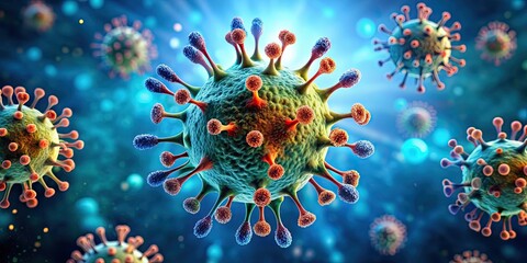 of a virus invading a host cell, virus, invasion, host, cell, microbe, infection, biology, microscopic, disease, attack