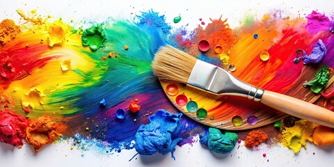 Fototapeta premium Paintbrush and palette with colorful splashes of paint for art and self-expression, art, creativity, painting