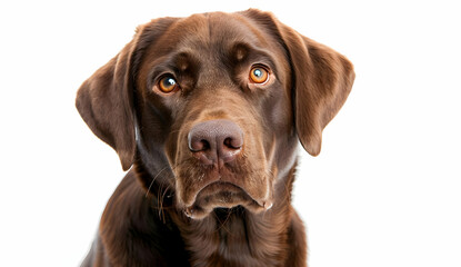 Close-up of a chocolate Labrador Retriever with expressive eyes, isolated on a white background.