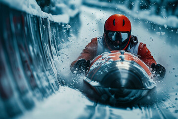 A Bobsledder's Blurred Dash Through a Snowy Winter Wonderland