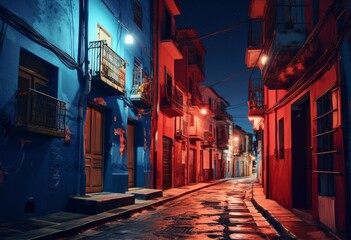 Fototapeta premium Vintage Nightfall: Traditional Streets Bathed in Blue Light and Retro Filters