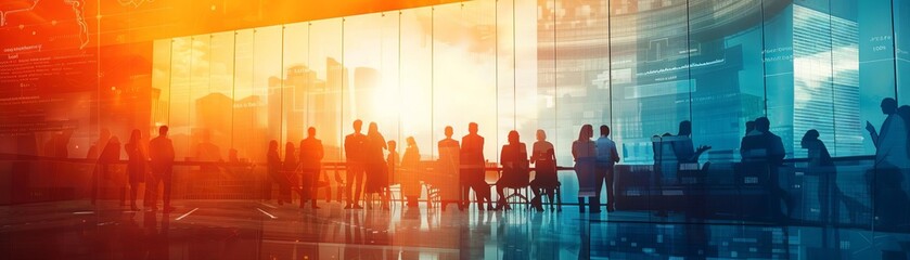 Virtual meeting between business and construction teams close up, focus on, copy space Bright modern shades Double exposure silhouette with screens and construction diagrams