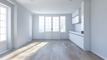 Modern minimalist kitchen with bright natural light, sleek white cabinets, and hardwood floors, showcasing contemporary interior design.