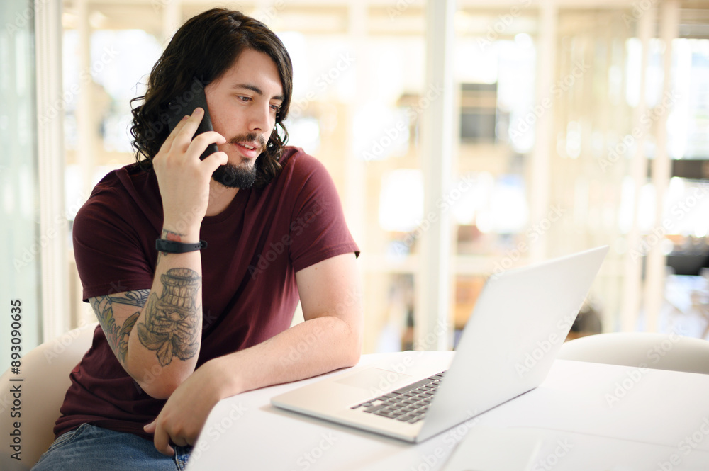 Aufkleber business, man and phone call with laptop in office for communication, b2b networking and discussion.