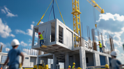 A group of wearing construction workers involved in assembling a prefabricated house module. The scene includes cranes, modular sections, and the surrounding construction