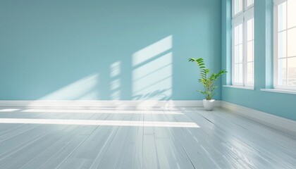 Obraz premium Serene Empty Room with Pastel Blue Wall and White Wooden Floor, Banner with Copy Space