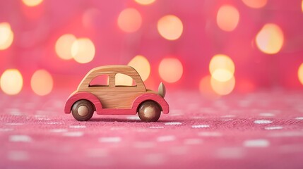 Wooden retro Car toy on a pink background with bokeh