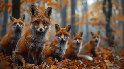 Fototapeta premium A Group of Foxes Are Sitting in the Leaves of a Forested Area - Generative AI