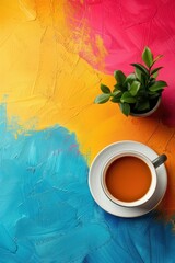 A cup of tea sits on a table with a plant next to it