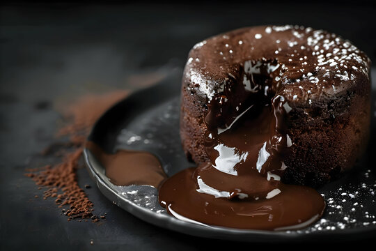 Delicious molten chocolate lava cake oozing rich chocolate sauce on a dark plate. Perfect dessert for chocolate lovers.