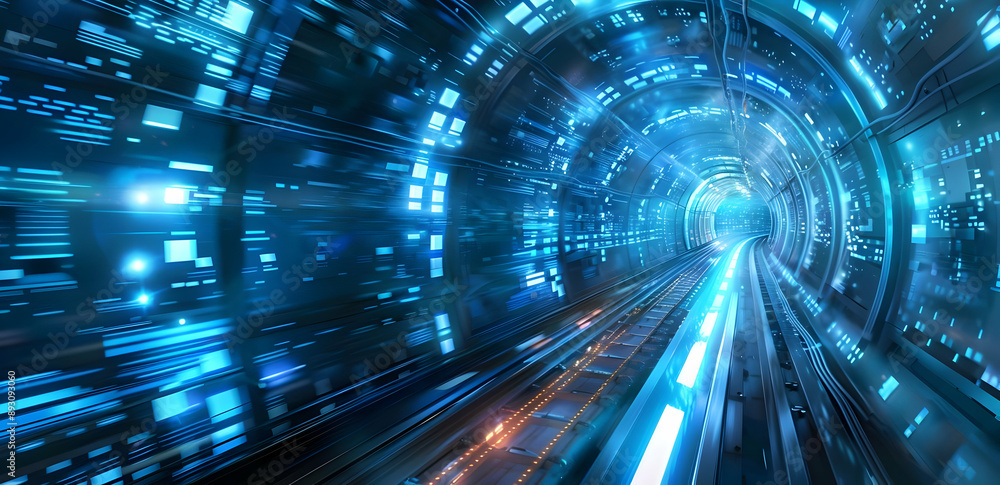 Poster futuristic blue light tunnel with digital elements, representing high-speed data transfer and advanc