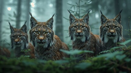 A Group of Lynx Are Standing In the Middle of a Forest Looking at the Camera - Generative AI