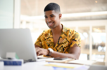 Businessman, happy and typing on laptop in office for email feedback, communication and networking....