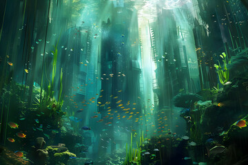Enchanting underwater cityscape with vibrant marine life, sunlight filtering through the water, creating an otherworldly seascape.