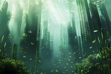 Futuristic underwater cityscape with submerged skyscrapers and marine life thriving amidst sunlight rays piercing the water surface.