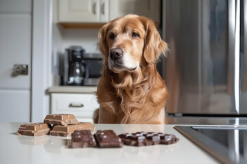 Golden retriever in kitchen, sitting by chocolates on the counter, highlighting a pet safety concern. Cute and curious dog indoors.