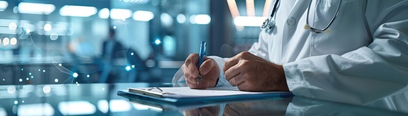 Obraz premium A doctor is writing on a clipboard in a hospital setting