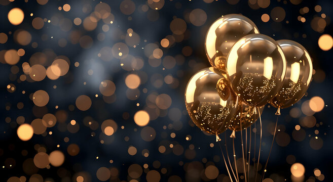 Golden balloons on a dark background with glowing bokeh lights. Perfect for celebrations, parties, and festive events.