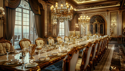 Fototapeta premium Luxurious dining room with elegant chandeliers, ornate table settings, and gold accents, exuding opulence and grandeur for formal gatherings.