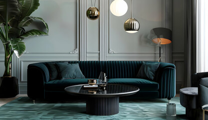 Obraz premium Sophisticated living room interior with a dark green sofa, modern coffee table, elegant lighting, and wall paneling for a luxurious ambiance.