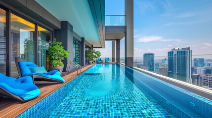 Stylish luxury pool with blue pool chairs, surrounded by modern architecture and urban cityscape.