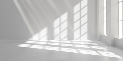 Fototapeta premium A minimalist indoor scene on a white background, featuring bright colors and soft lighting, depicts sunlight casting beautiful shadows on the floor, creating an artistic ambiance.