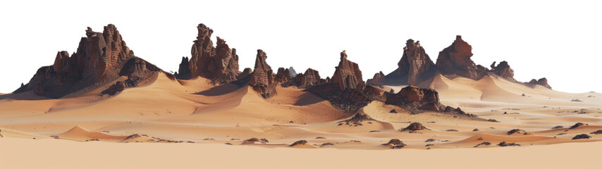 Naklejka premium The desert with tall rock formations in the background is in a digital art style with a panoramic view on a transparent background.