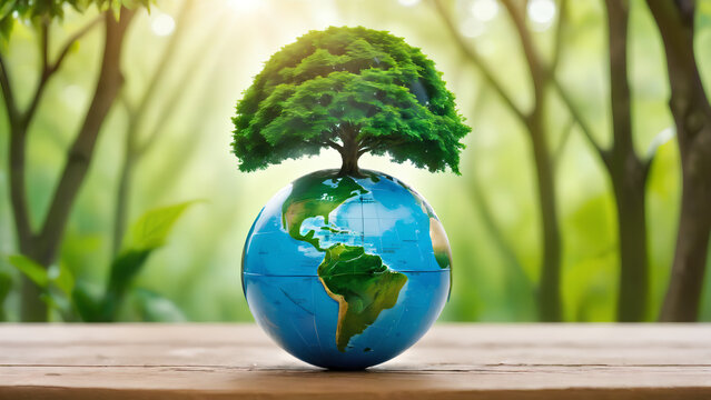 Globe ball with tree growing and green nature blur background