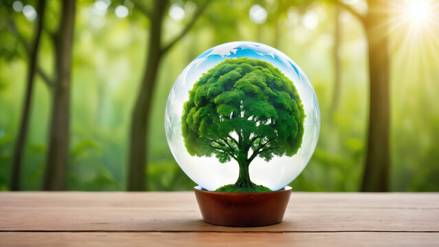 Globe ball with tree growing and green nature blur background