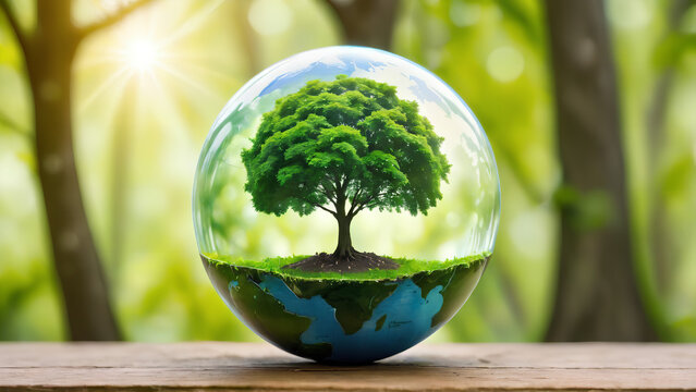 Globe ball with tree growing and green nature blur background