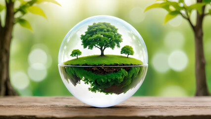 Globe ball with tree growing and green nature blur background
