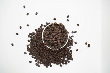 A Cup Filled with Coffee and Roasted Beans Around it Isolated Espresso Cappuccino Americano Coffee