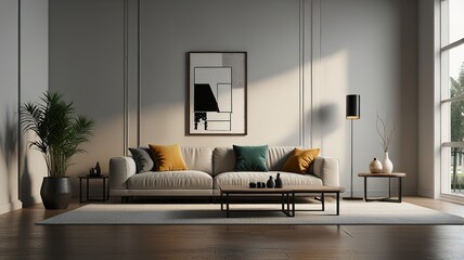 Aesthetic bright sunny elegant home living room interior design with comfortable lounge chair, hat, side table, flowers bouquet, shelf with decorations. interior design