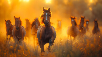 Horses running through a field at Sunset